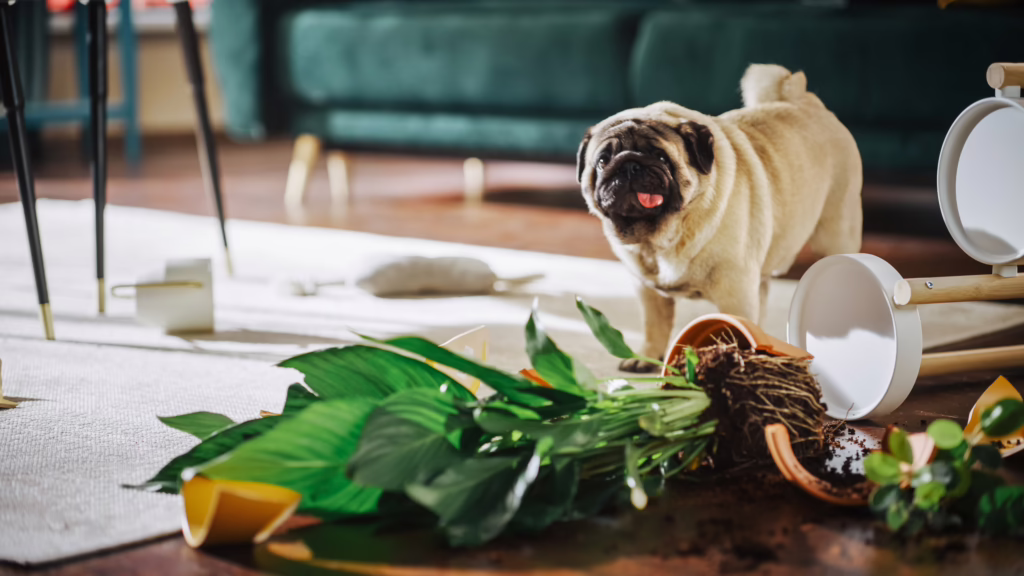 Funny Animal Moment: Pug Dog Overturns Potted Flower, eats the dirt, Makes a Mess in Whole Apartment Adorable Cute Silly Looking Puppy Creating Chaos Everywhere, Ruining Furnitre, Plants, Carpet